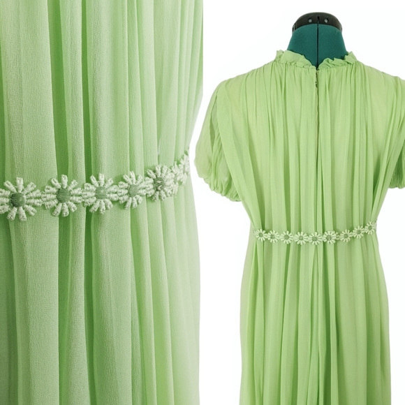 1960s Fairy Cape Dress Flower Power Vintage Prom Formal Romantic ILGWU Green vtg - Picture 4 of 9
